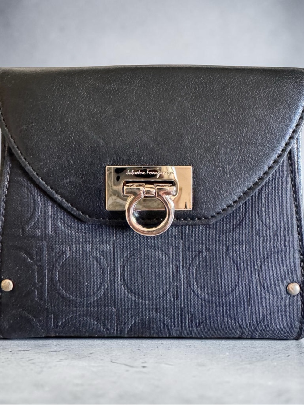 Salvatore Ferragamo Black Gancini Canvas & Leather Wallet